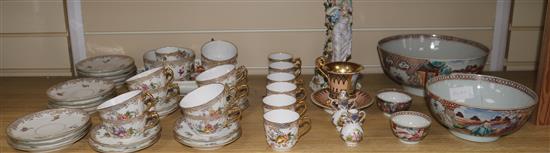 Three Chinese famille rose bowls, a Limoges teaset, a Paris porcelain cup and saucer etc